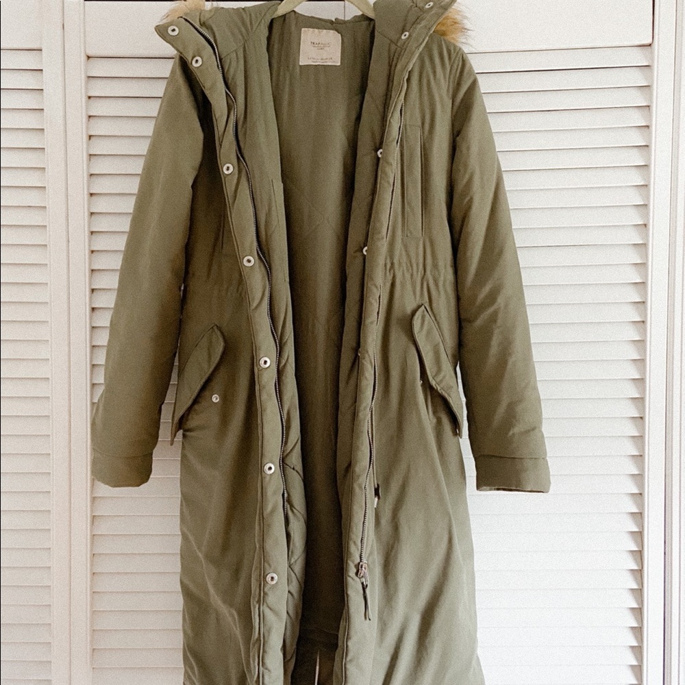 Zara khaki long winter coat fur hood size XS
